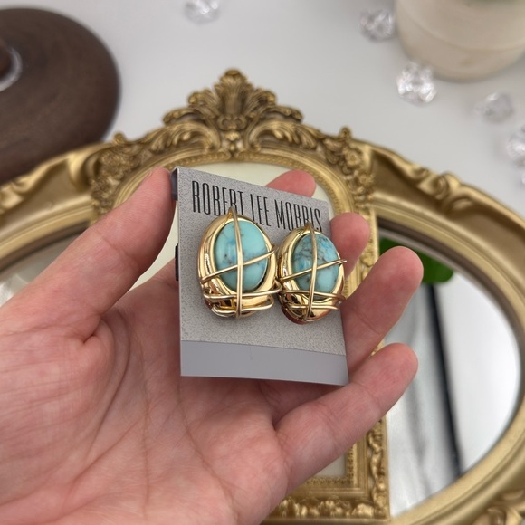 Robert Lee Morris Turquoise Gold Sculptural Clip-On Earrings Vintage Vibe - Picture 5 of 8